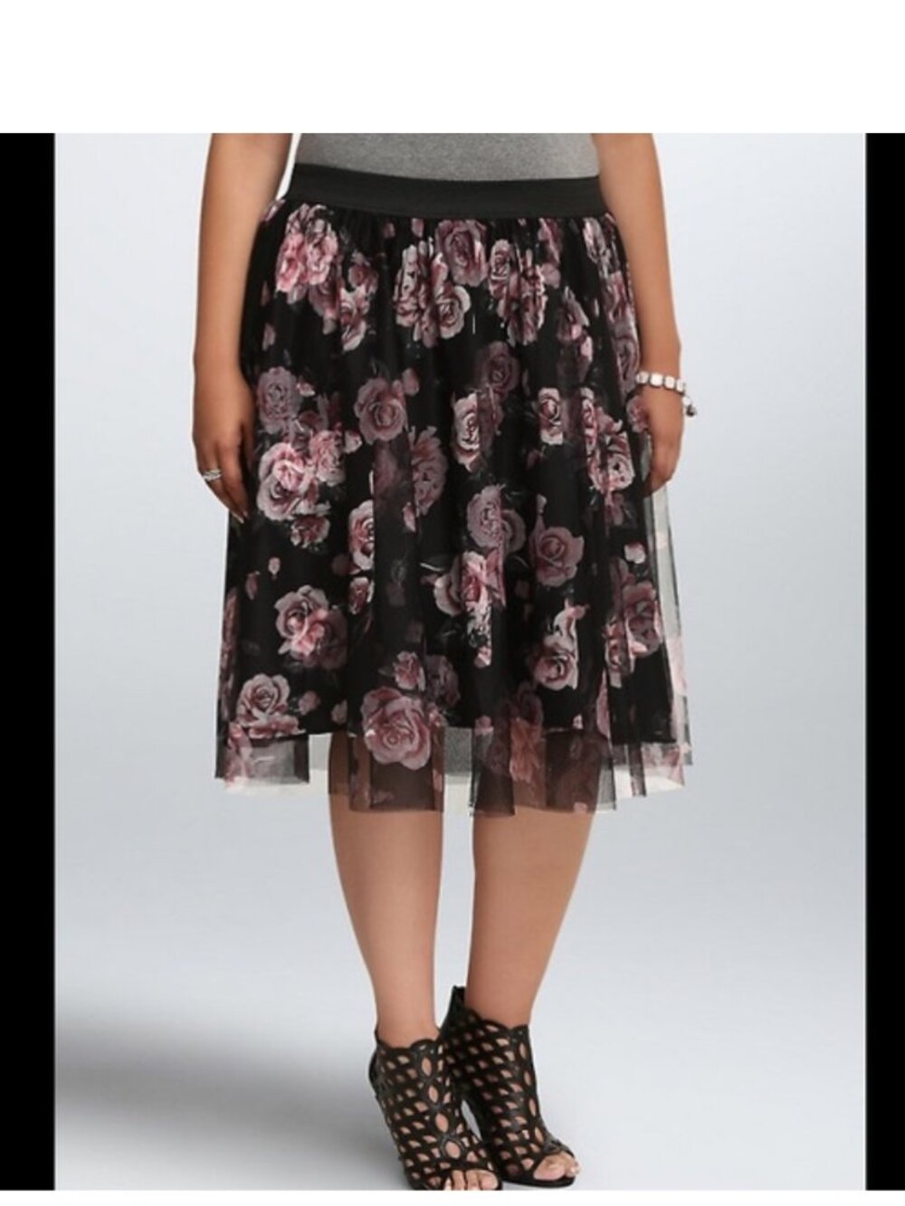 Torrid Tulle Rose Midi Skirt Black and Pink Roses Lined Size 2X Dark Romantic